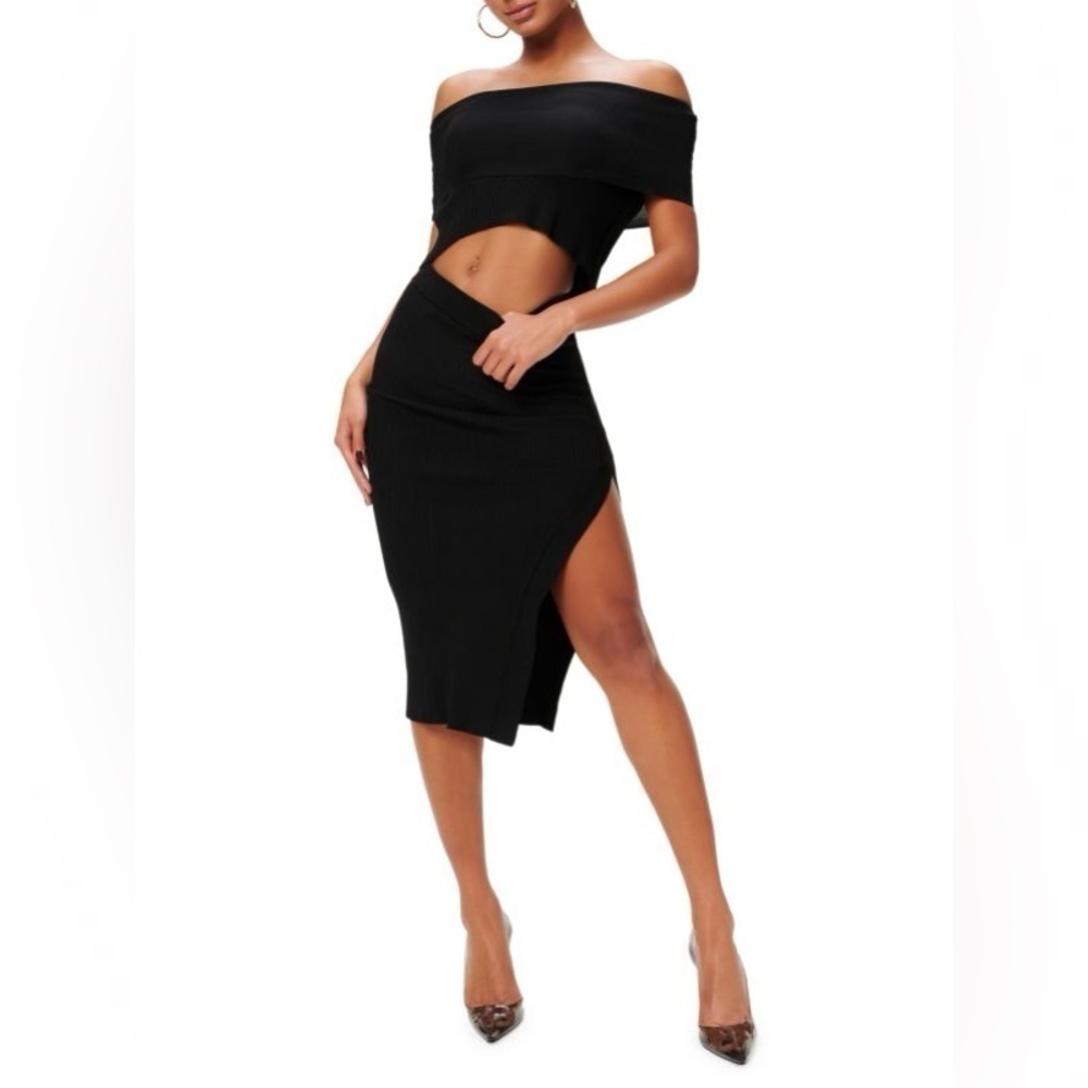 GOOD AMERICAN Women's Ribbed Side Slit MIDI Skirt - Black